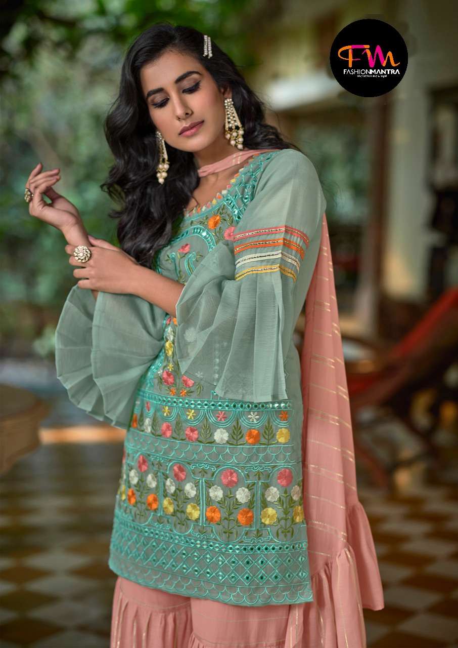 Heavy Embroidery Kurti With Gharara With Designer Dupatta In Frill 
