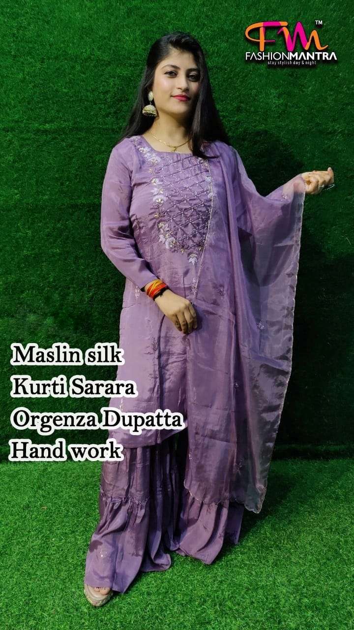 Muslin Silk Kurti With Sarara And Organza Dupatta