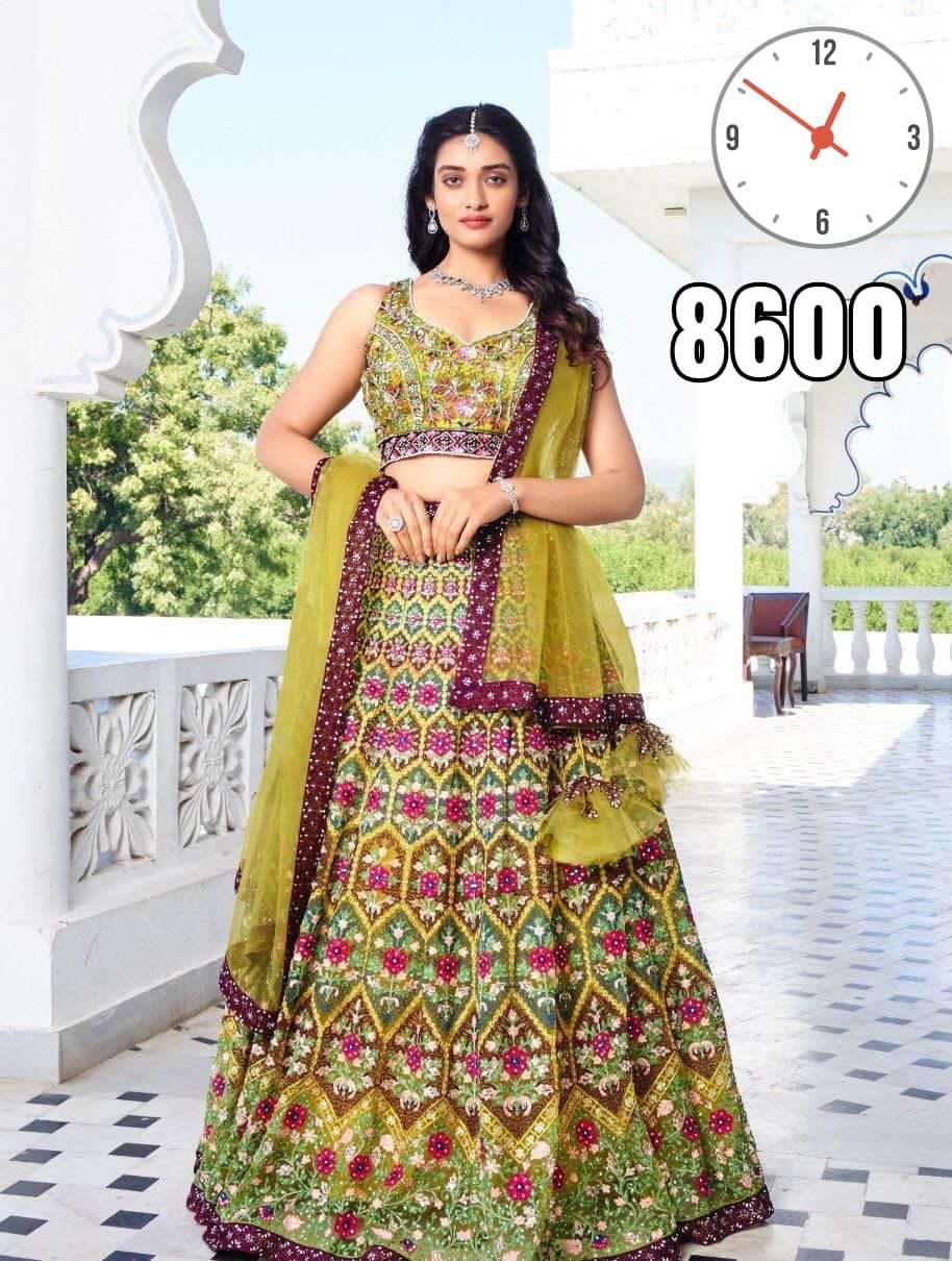 FABPIXEL green gold -toned  embroidered lehenga