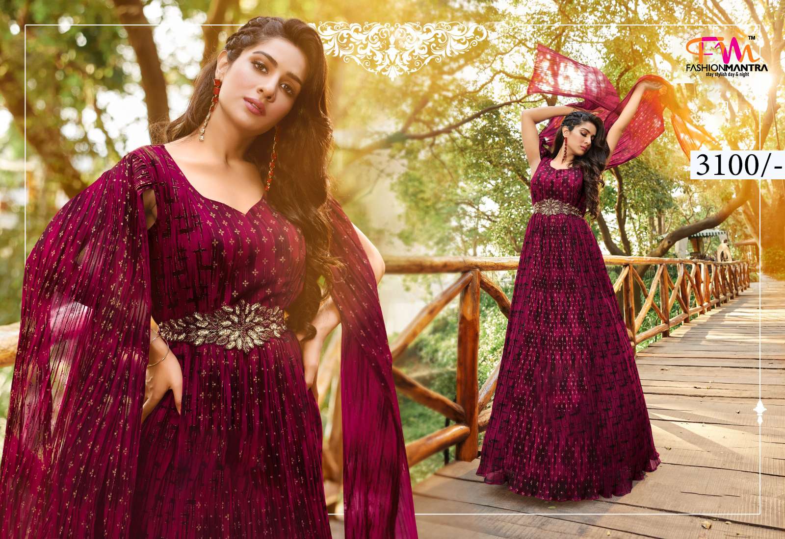 Maroon Color Gown With Long Sleeve - Fashion Mantra