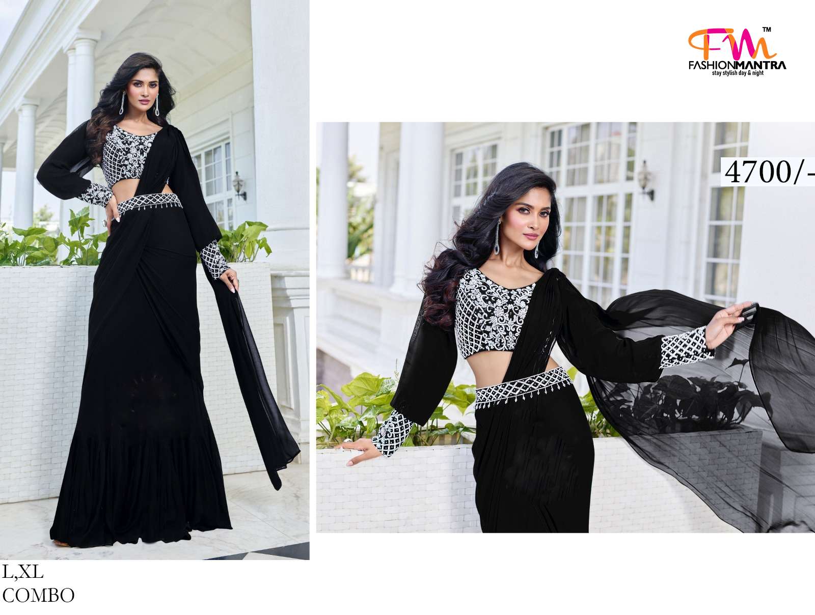 Readymade Fancy Black Saree With Long Sleeve Blouse