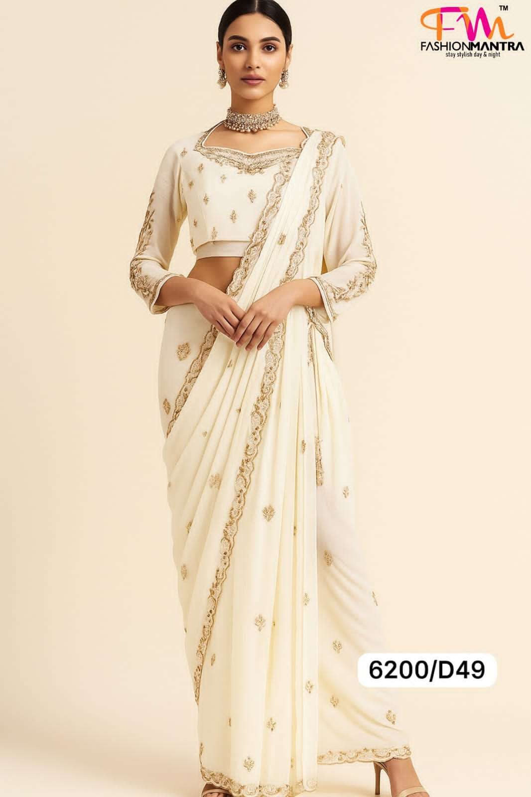 Handwork Off White Saree Ready To Wear