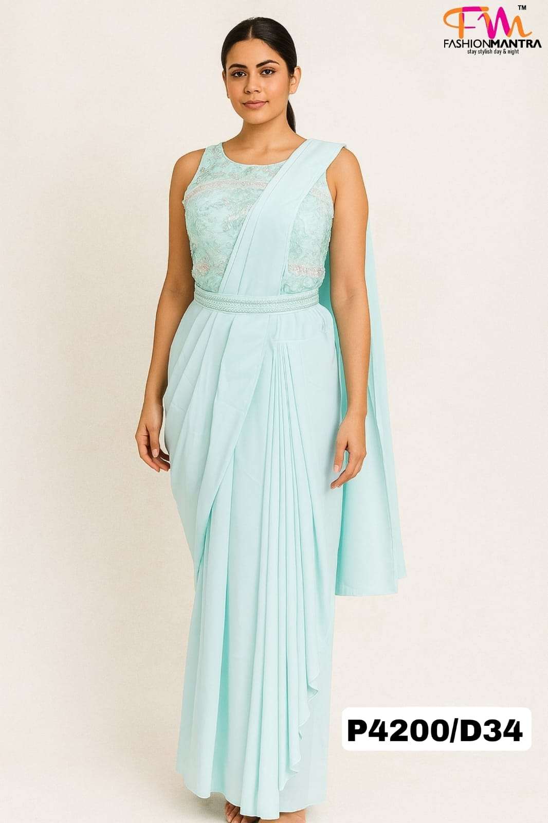 New Sky Blue Colour Ready To Wear Saree