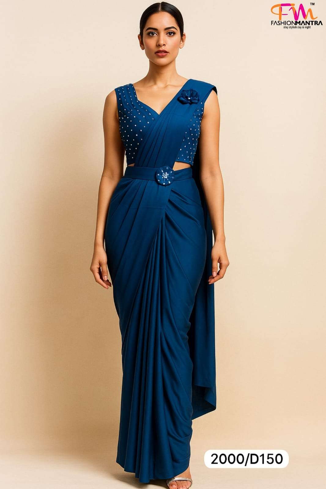 Teal Blue Colour Ready To Wear Saree