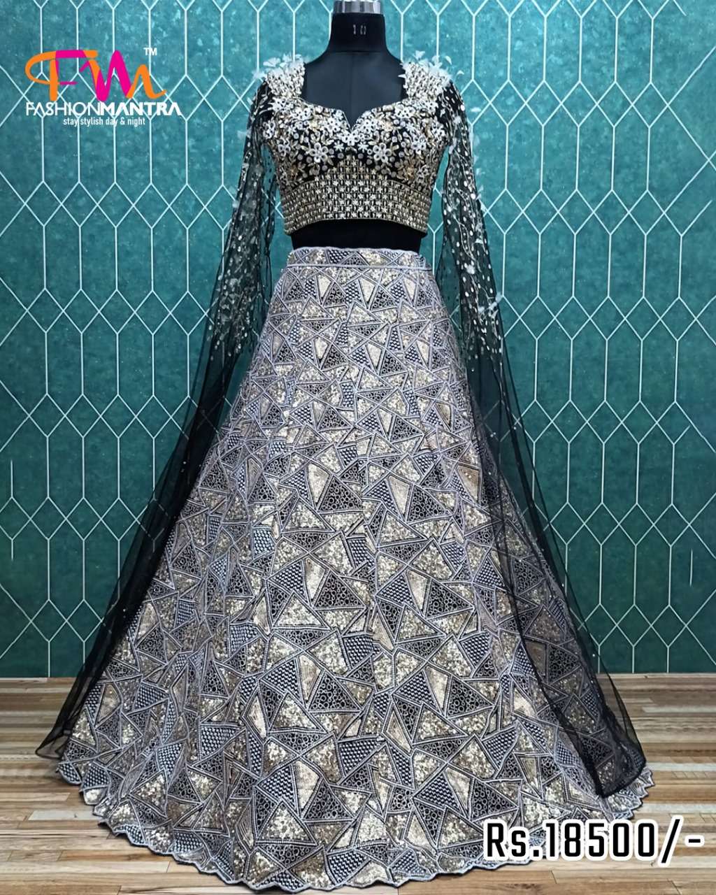 Livid Blue-Grey Net Crop Top Lehenga main image 1