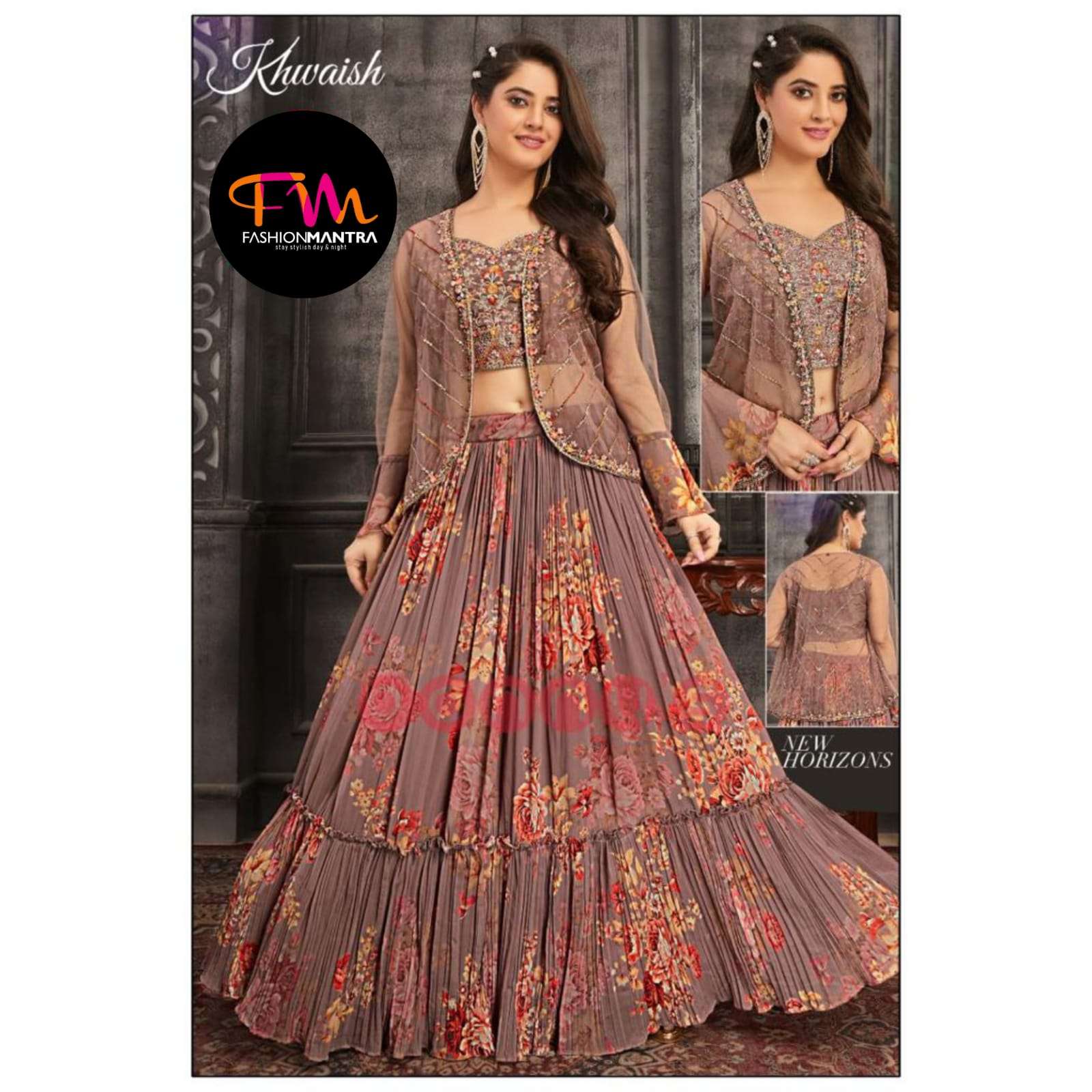 Peach net readymade lehenga with mirror & stone embroidered jaal design  crop top,3/4th collar shrug & floor-touch skirt